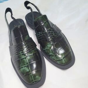 Free People Green Croc-Embossed Leather Slingback Loafers